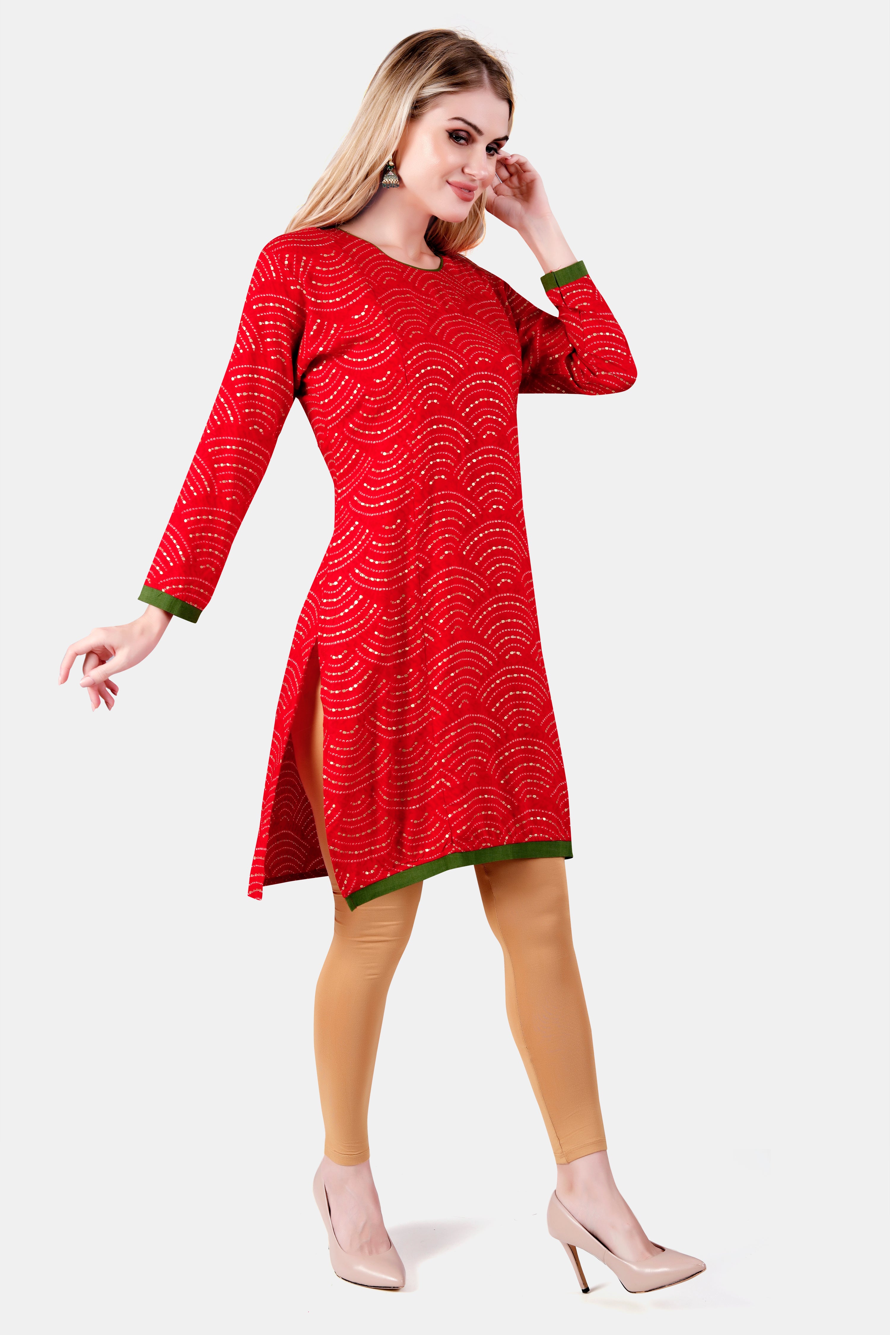 Red Printed Rayon Feeding Straight Kurti for Women