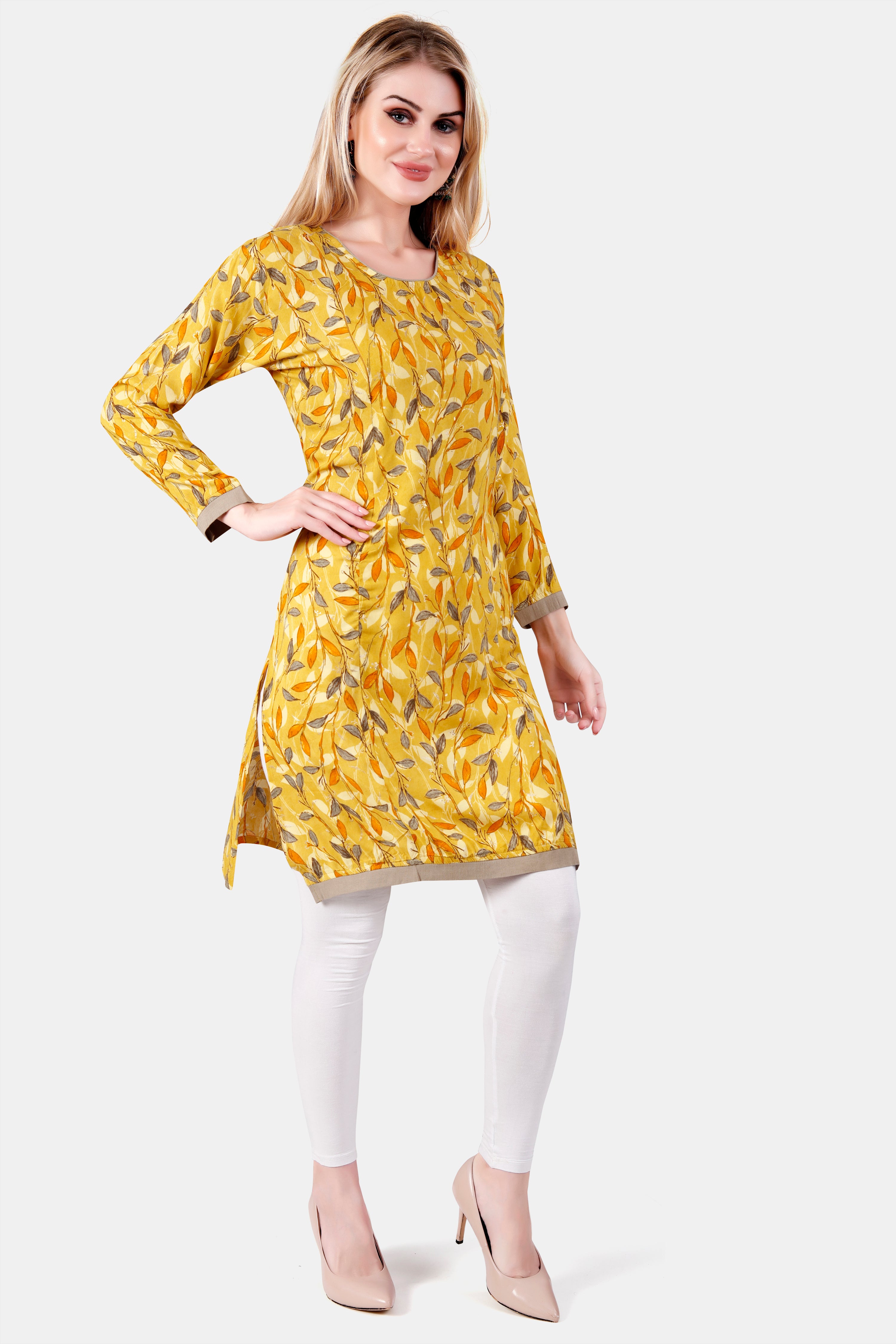 Yellow Floral Print Rayon Feeding Straight Kurti for Women