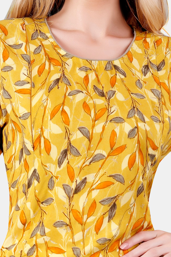 Yellow Floral Print Rayon Feeding Straight Kurti for Women
