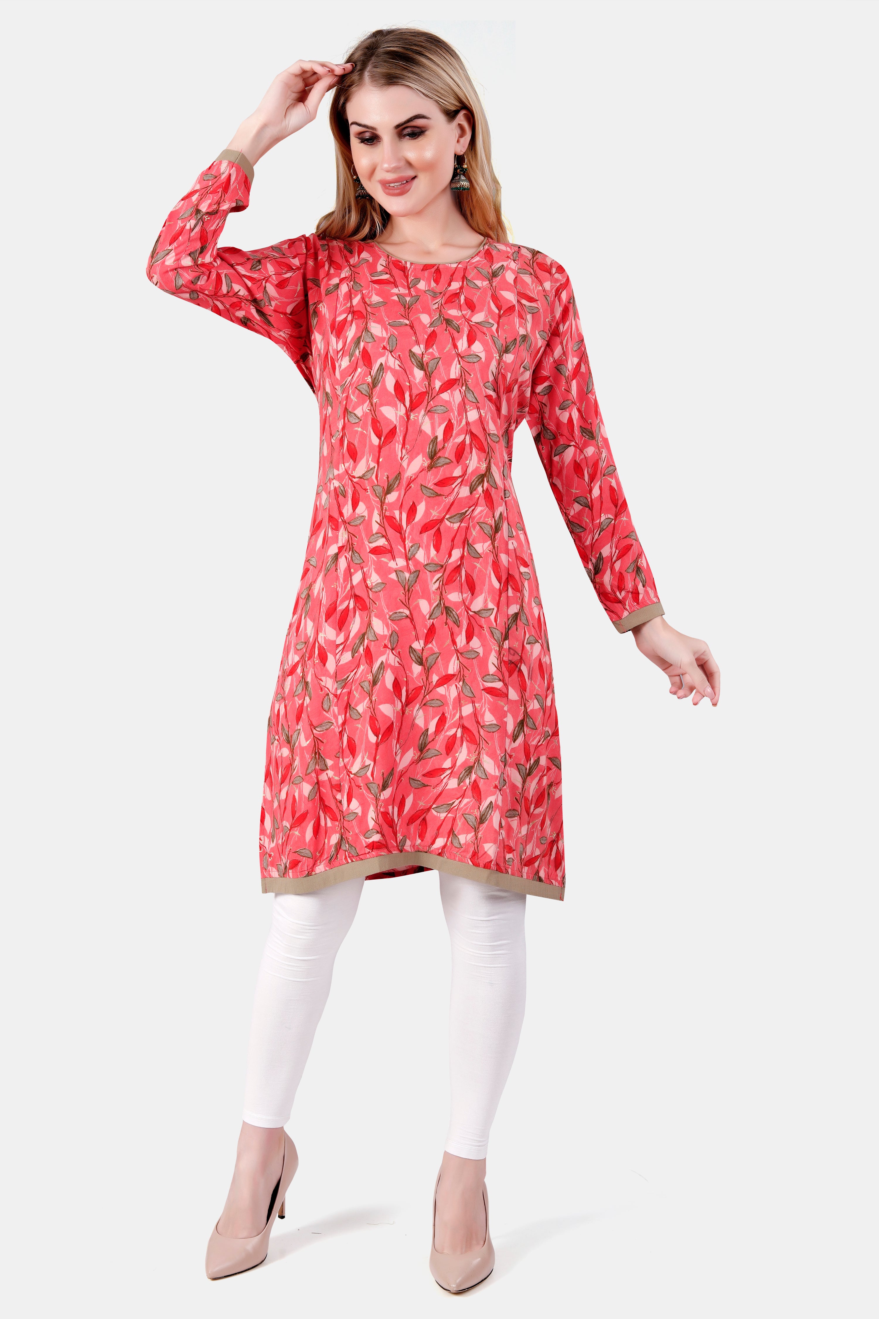 Peach Floral Print Rayon Feeding Straight Kurti for Women