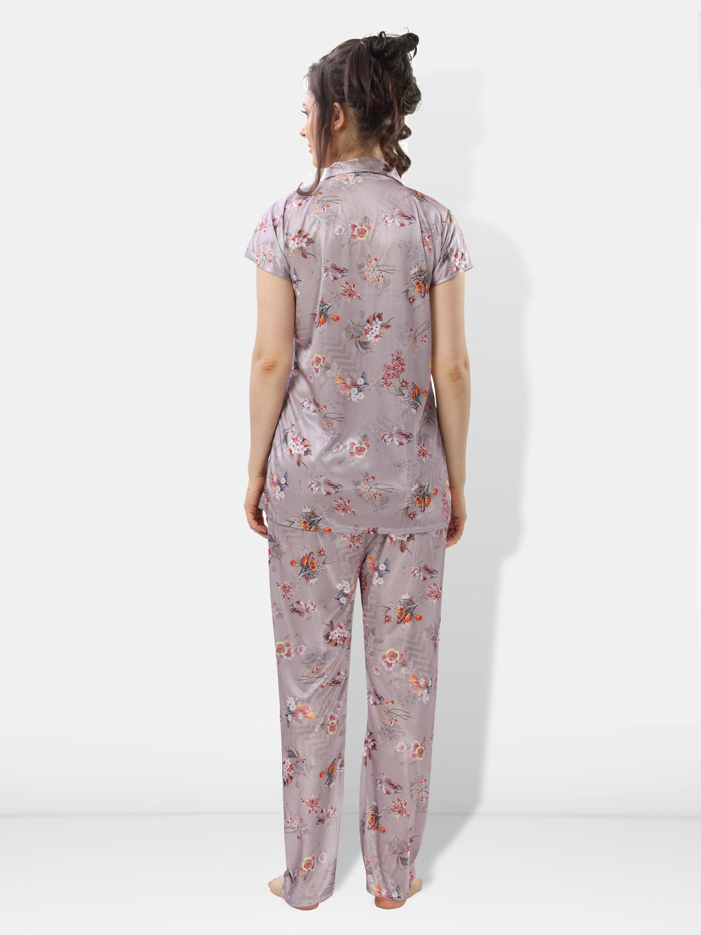 Pastel Gray Botanical Print Satin Shirt & Pyjama Night Suit for Women