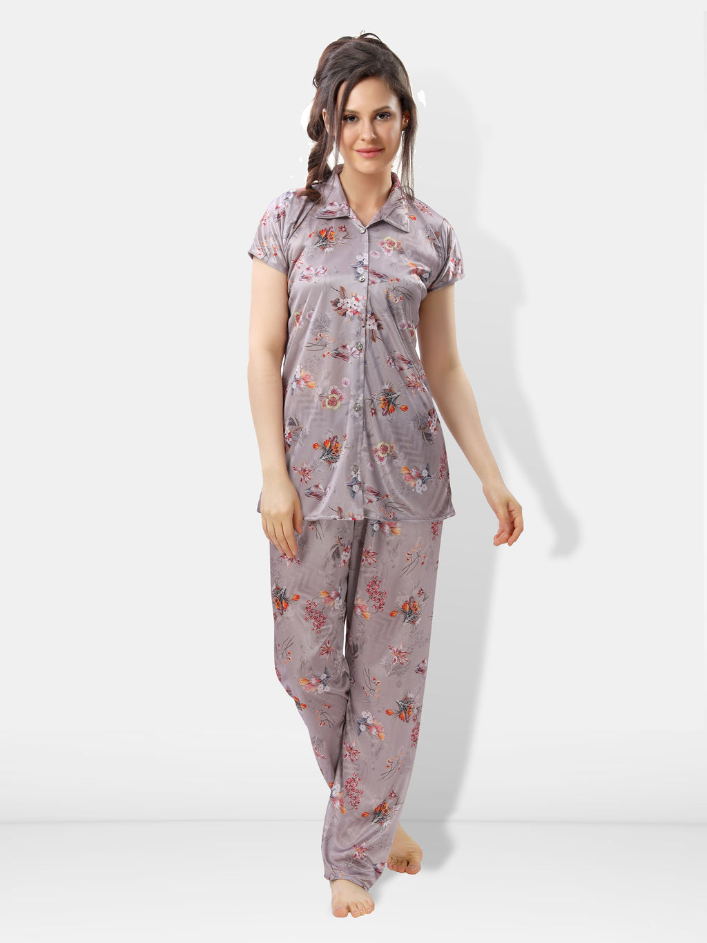 Pastel Gray Botanical Print Satin Shirt & Pyjama Night Suit for Women