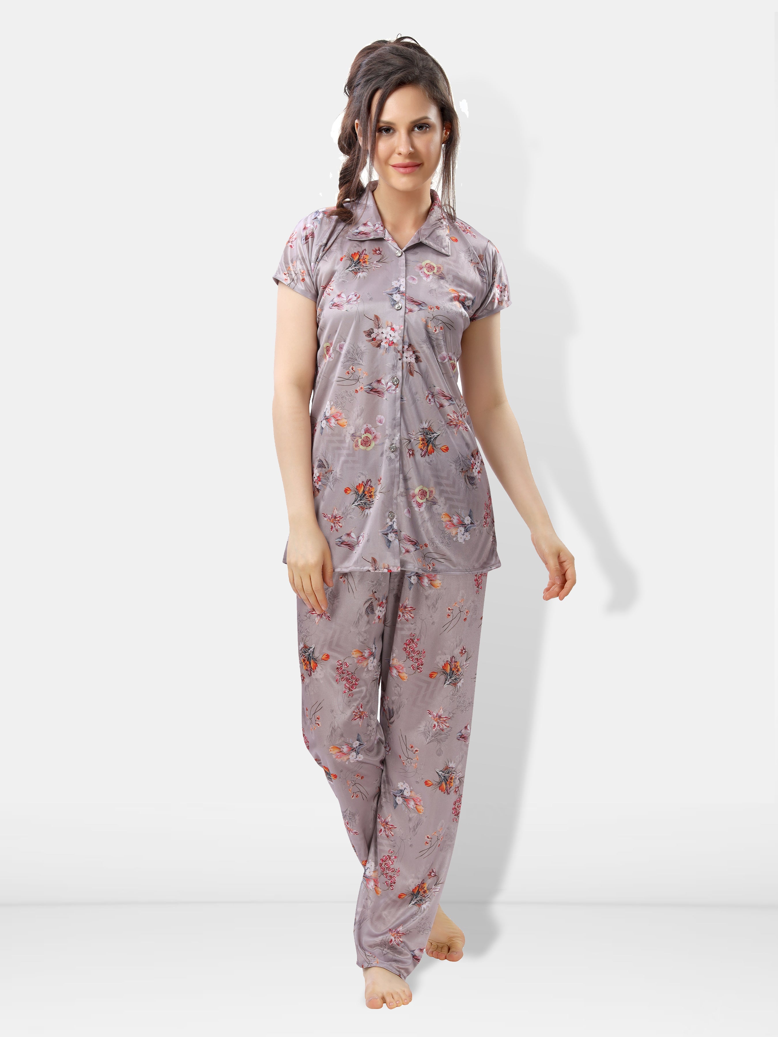 Pastel Gray Botanical Print Satin Shirt & Pyjama Night Suit for Women