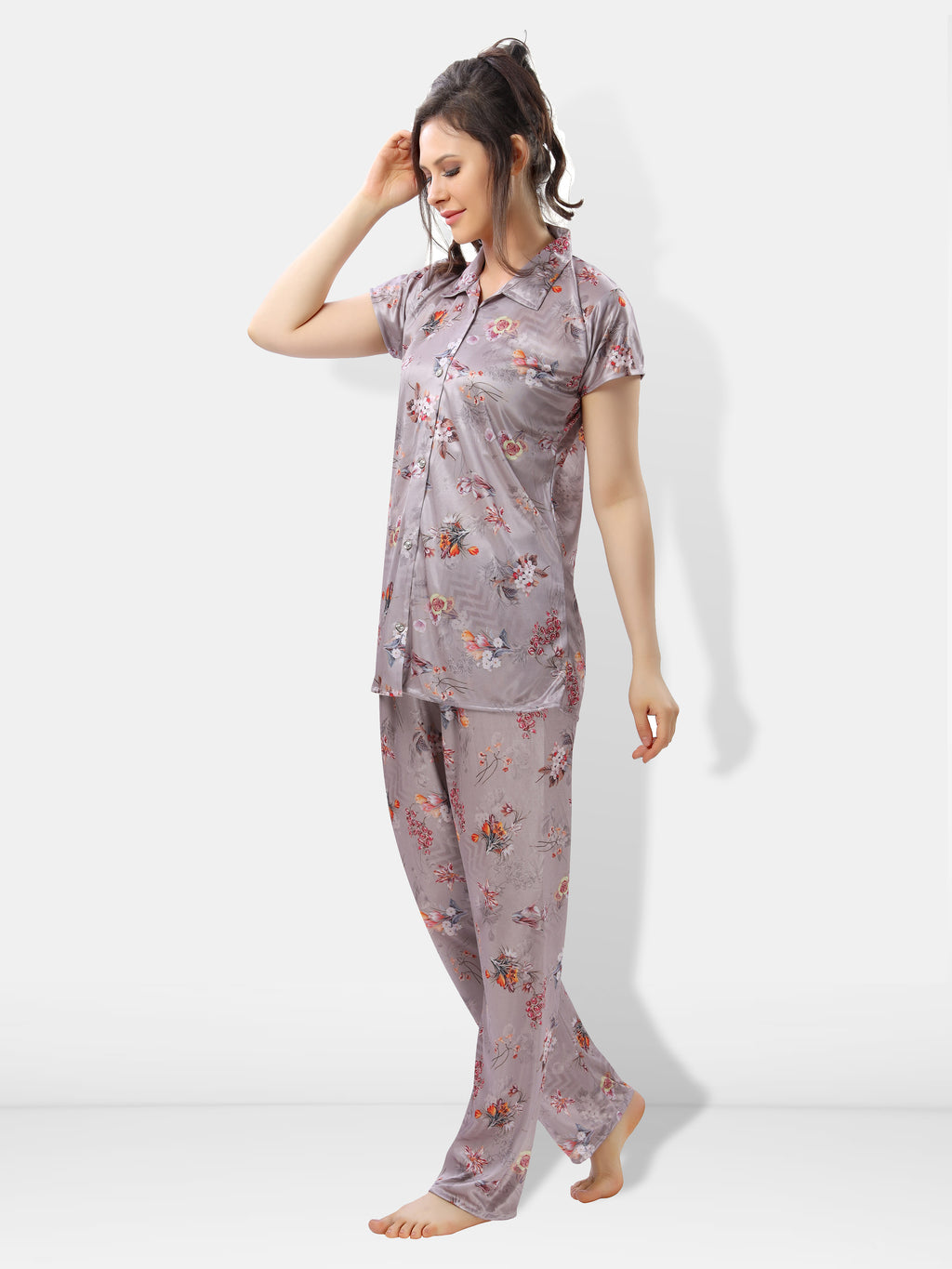 Pastel Gray Botanical Print Satin Shirt & Pyjama Night Suit for Women