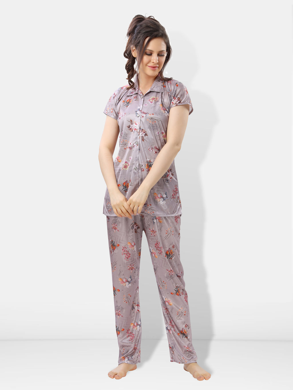 Pastel Gray Botanical Print Satin Shirt & Pyjama Night Suit for Women