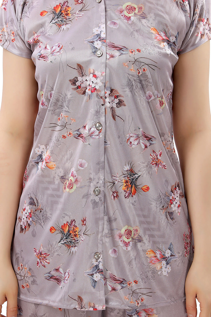 Pastel Gray Botanical Print Satin Shirt & Pyjama Night Suit for Women