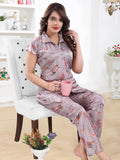 Pastel Gray Botanical Print Satin Shirt & Pyjama Night Suit for Women