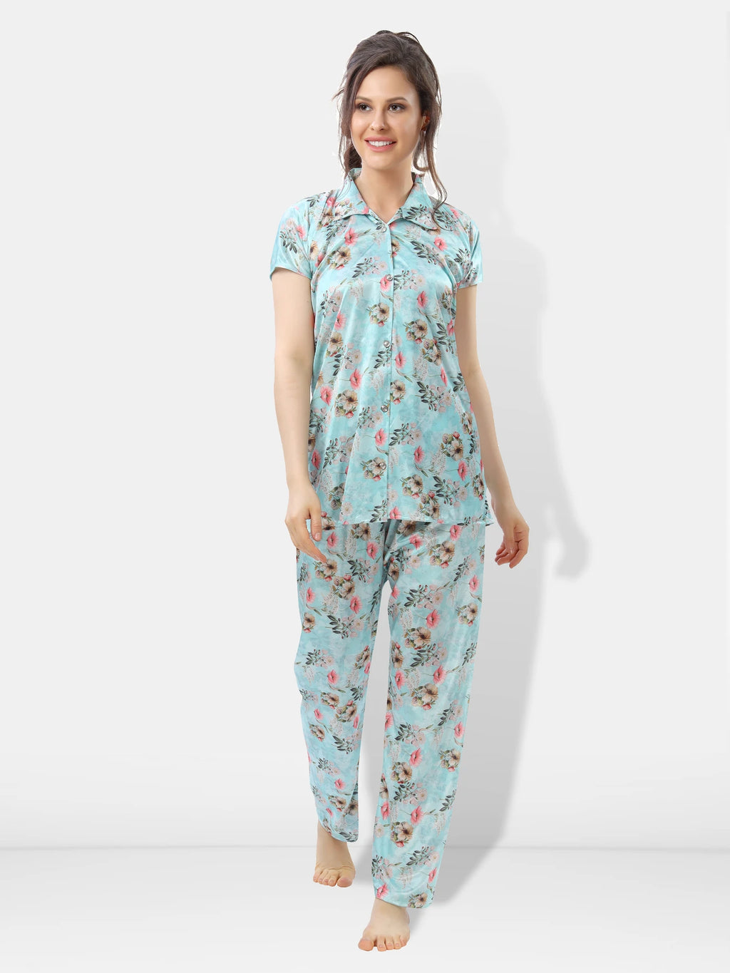 Light turquoise satin night suit for women front view
