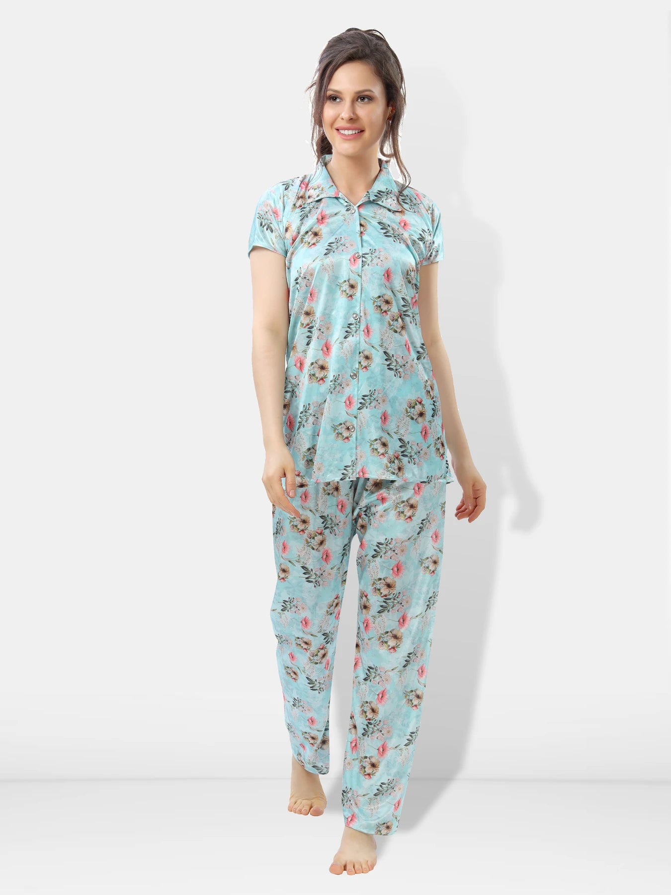 Light turquoise satin night suit for women front view
