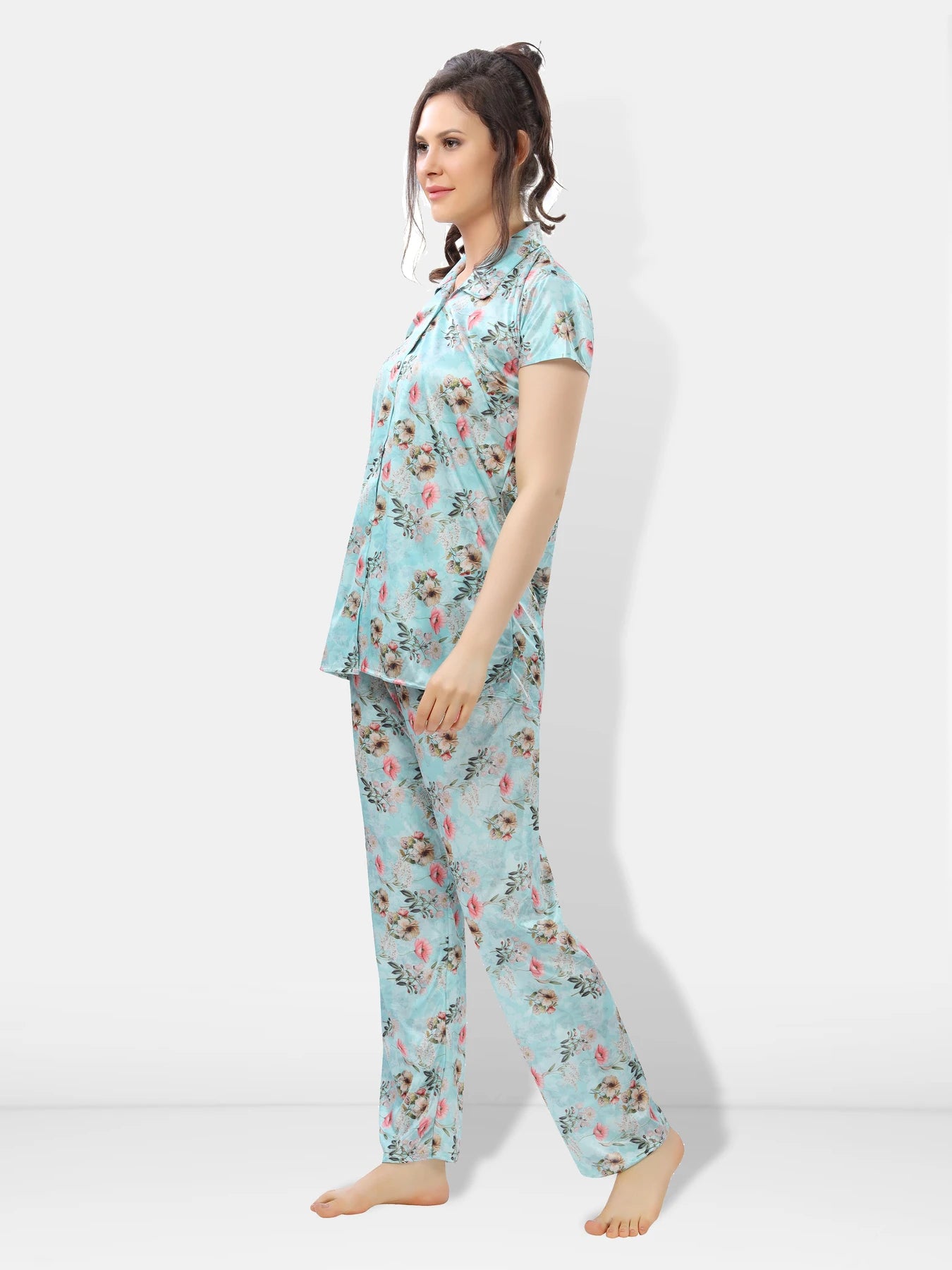 Side view women satin nightwear set
