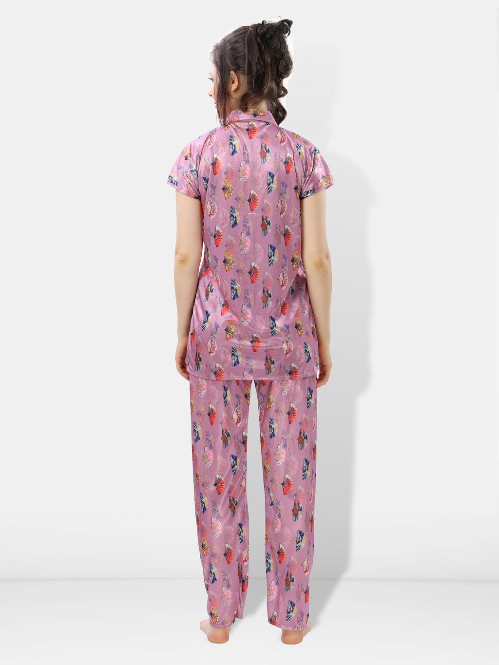 Geometric Print Satin Shirt & Pyjama Night Suit for Women
