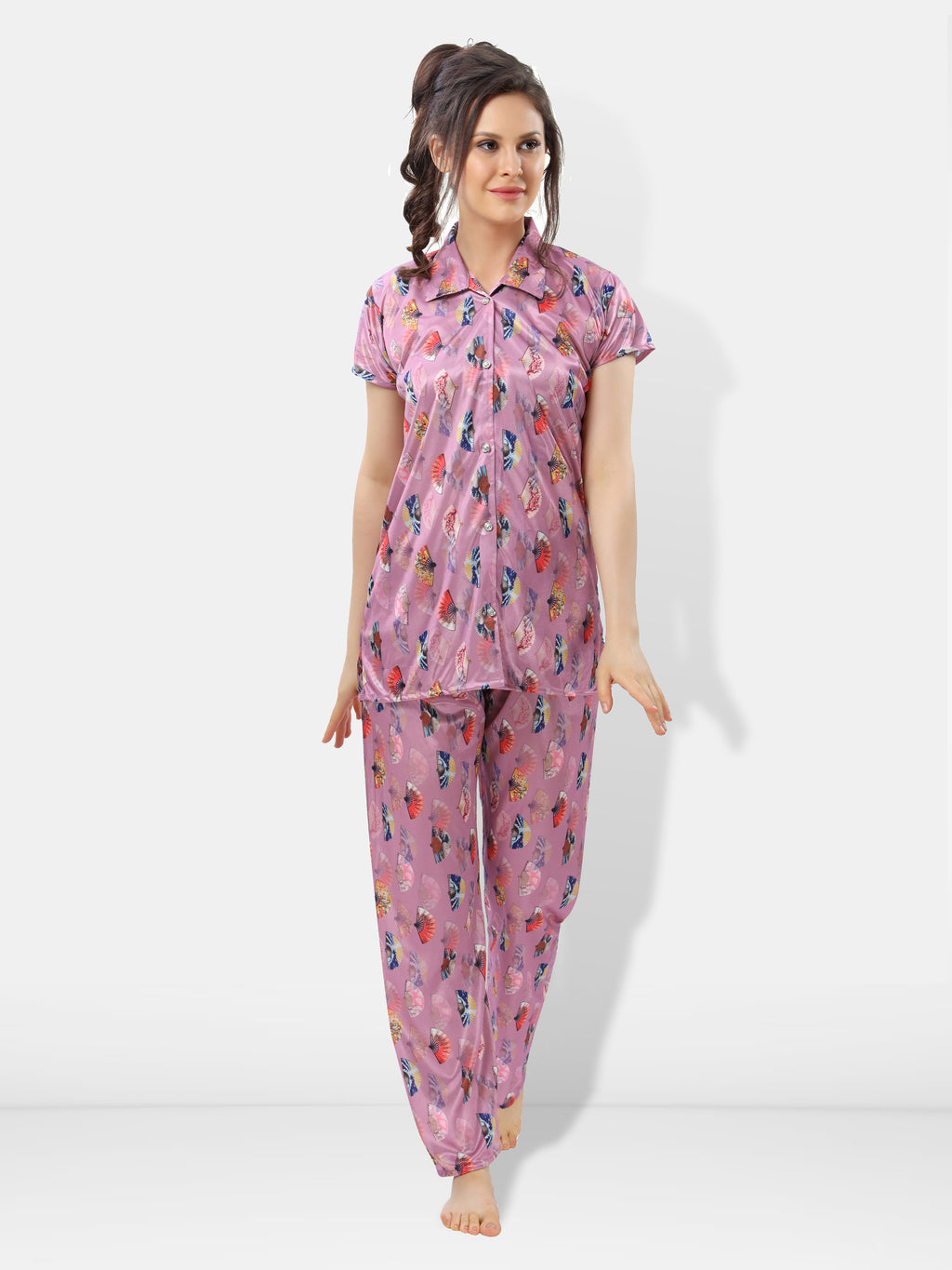 Geometric Print Satin Shirt & Pyjama Night Suit for Women