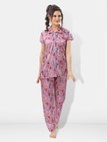 Geometric Print Satin Shirt & Pyjama Night Suit for Women