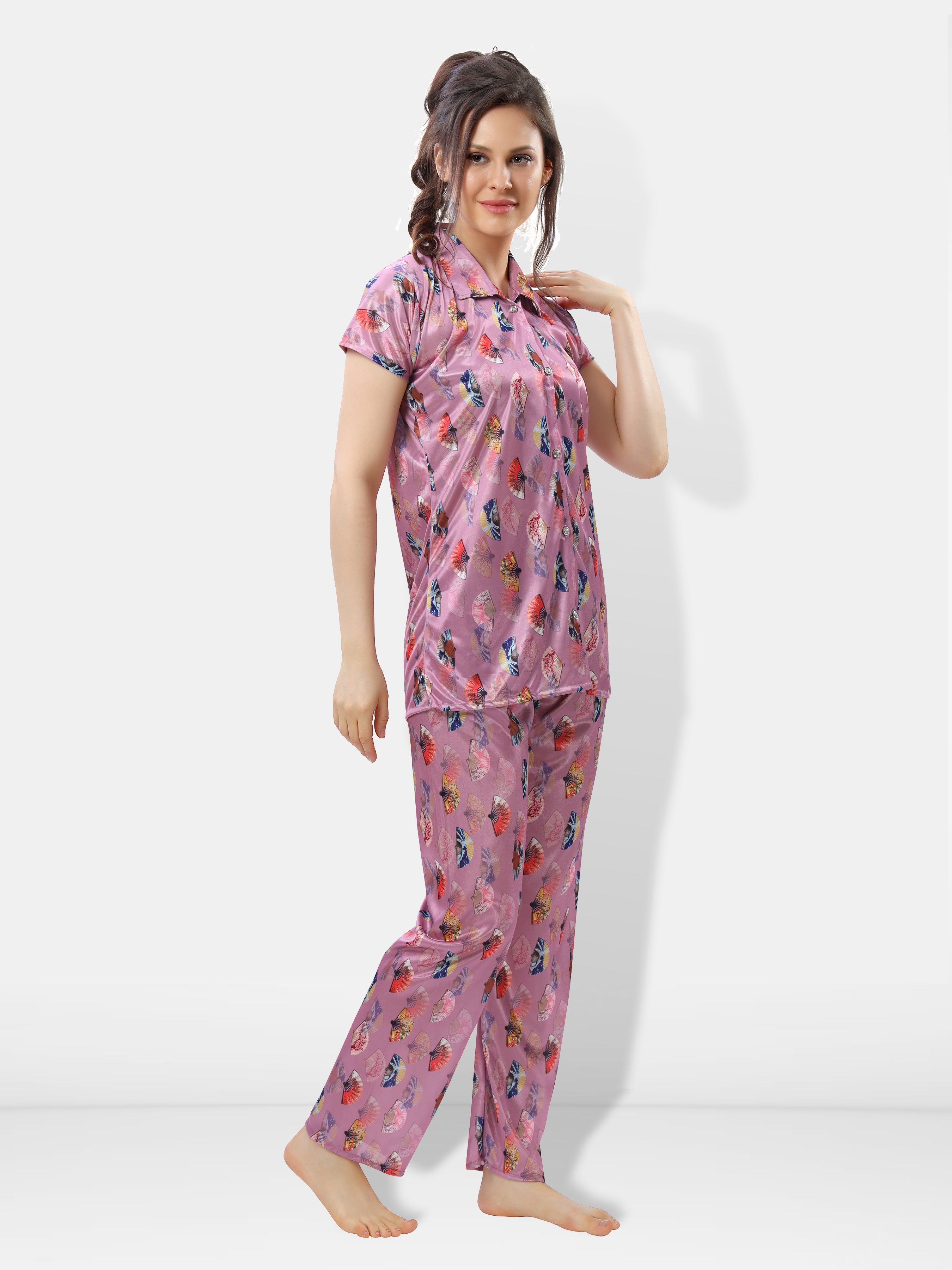 Geometric Print Satin Shirt & Pyjama Night Suit for Women