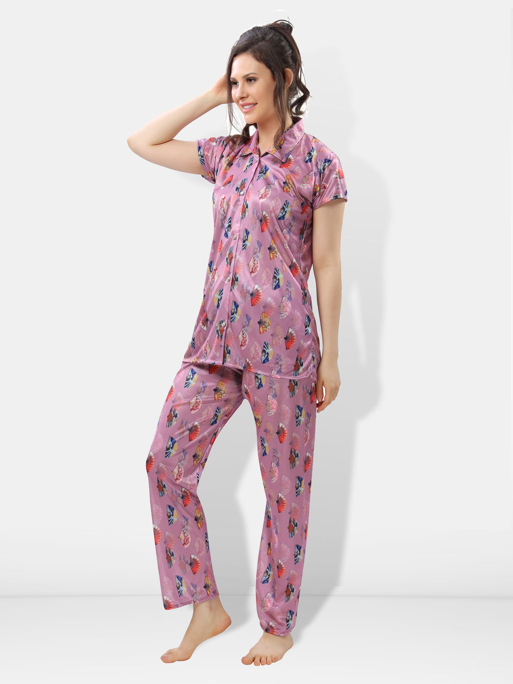 Geometric Print Satin Shirt & Pyjama Night Suit for Women