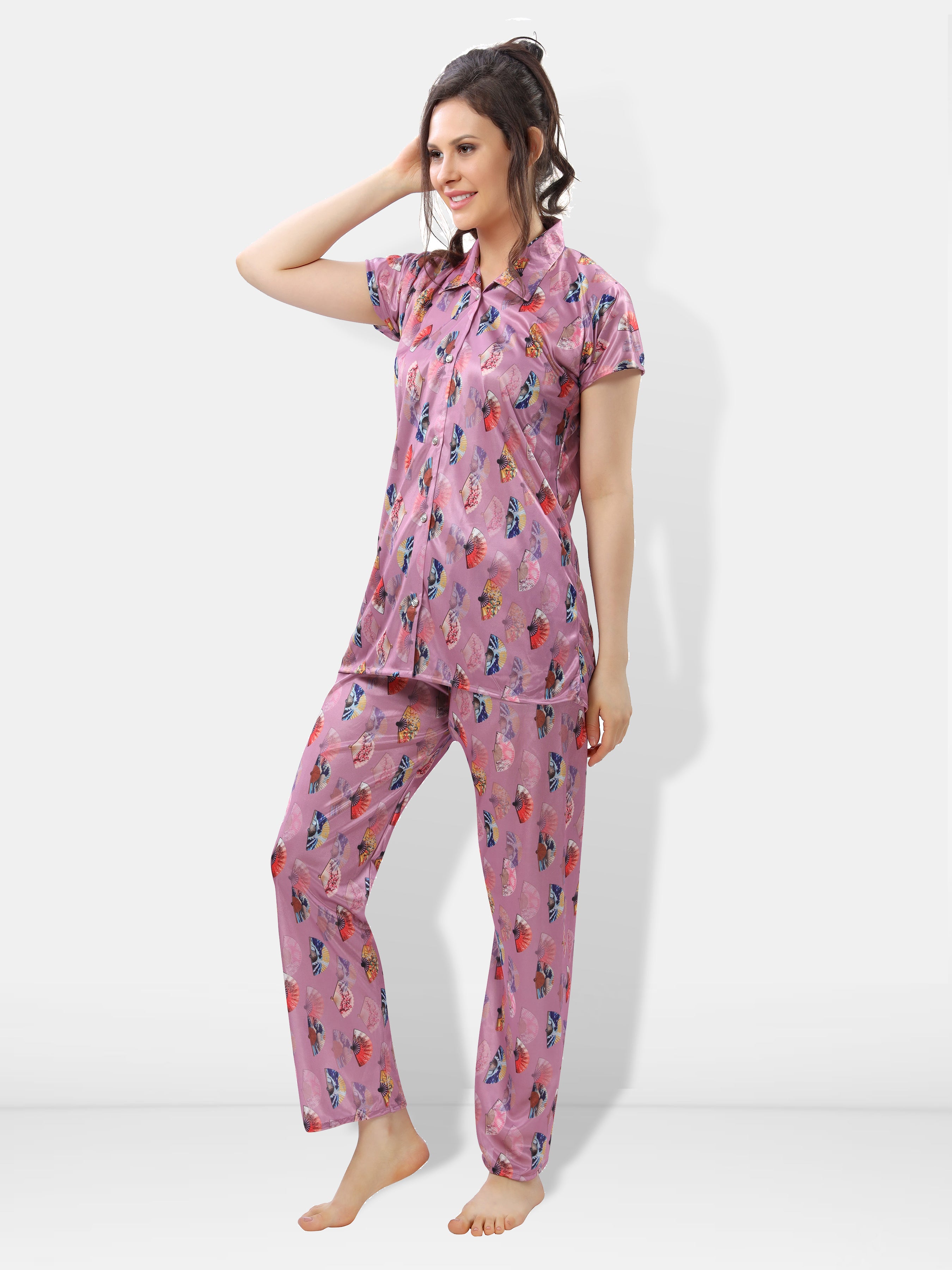 Geometric Print Satin Shirt & Pyjama Night Suit for Women