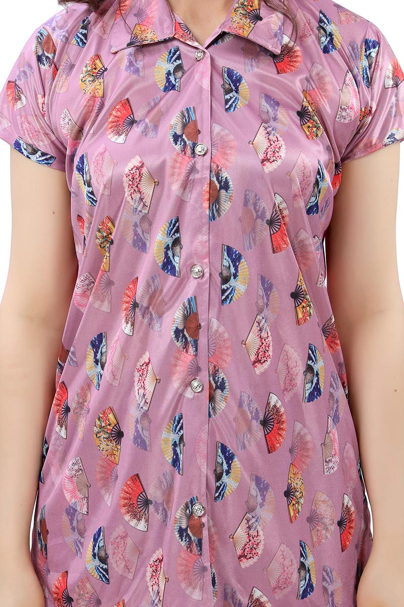 Geometric Print Satin Shirt & Pyjama Night Suit for Women