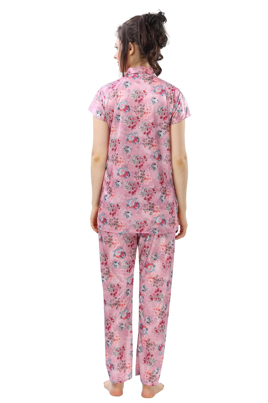 Pink Botanical Print Satin Nightwear Set for Women
