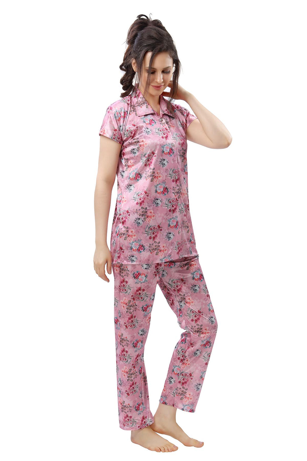 Pink Botanical Print Satin Nightwear Set for Women