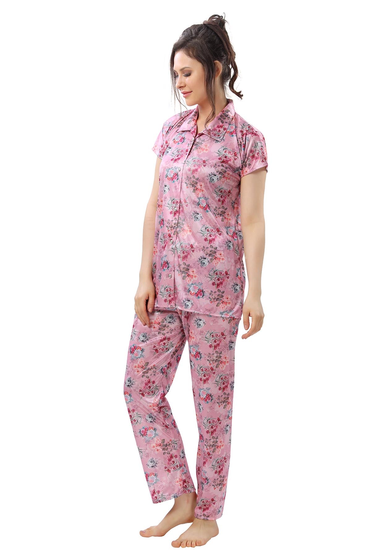 Pink Botanical Print Satin Nightwear Set for Women