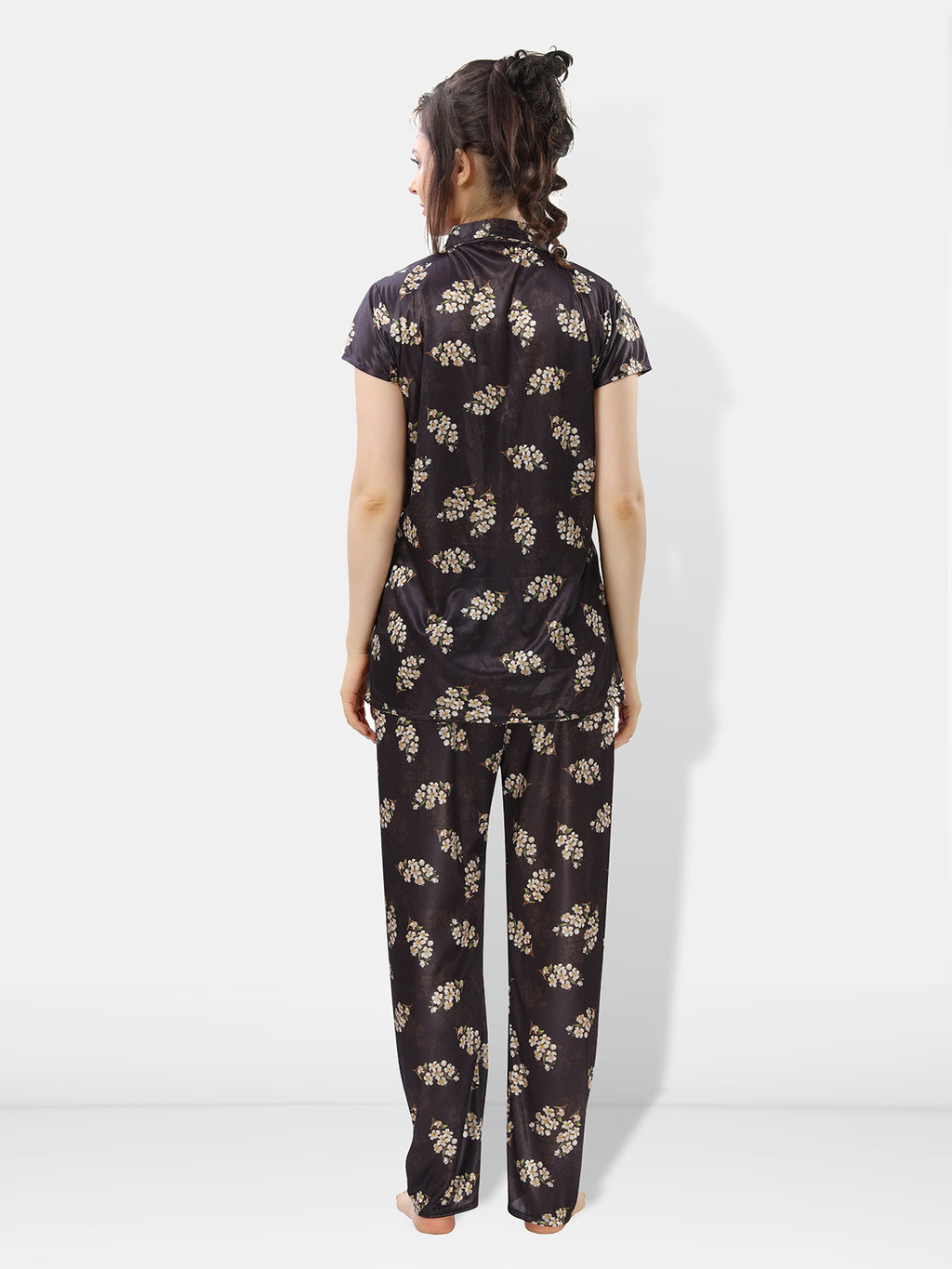 Black Botanical Print Satin Shirt & Pyjama Night Suit for Women
