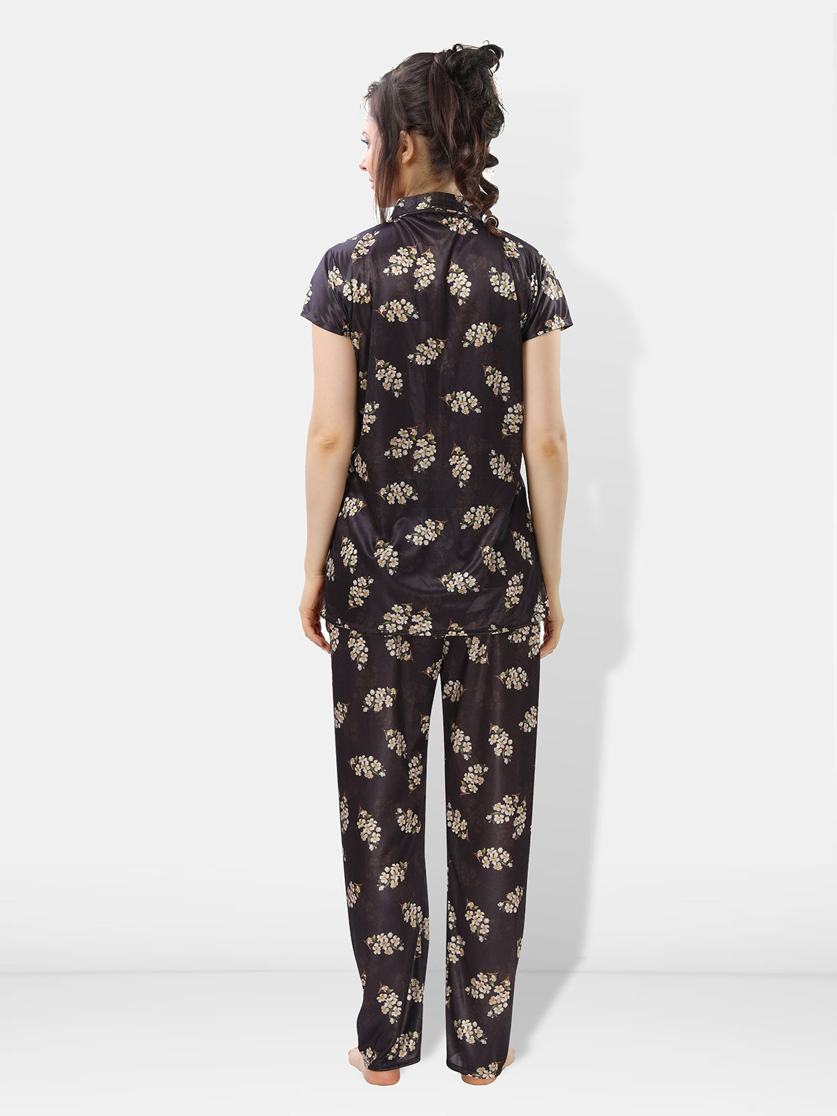 Black Botanical Print Satin Shirt & Pyjama Night Suit for Women