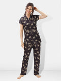 Black Botanical Print Satin Shirt & Pyjama Night Suit for Women