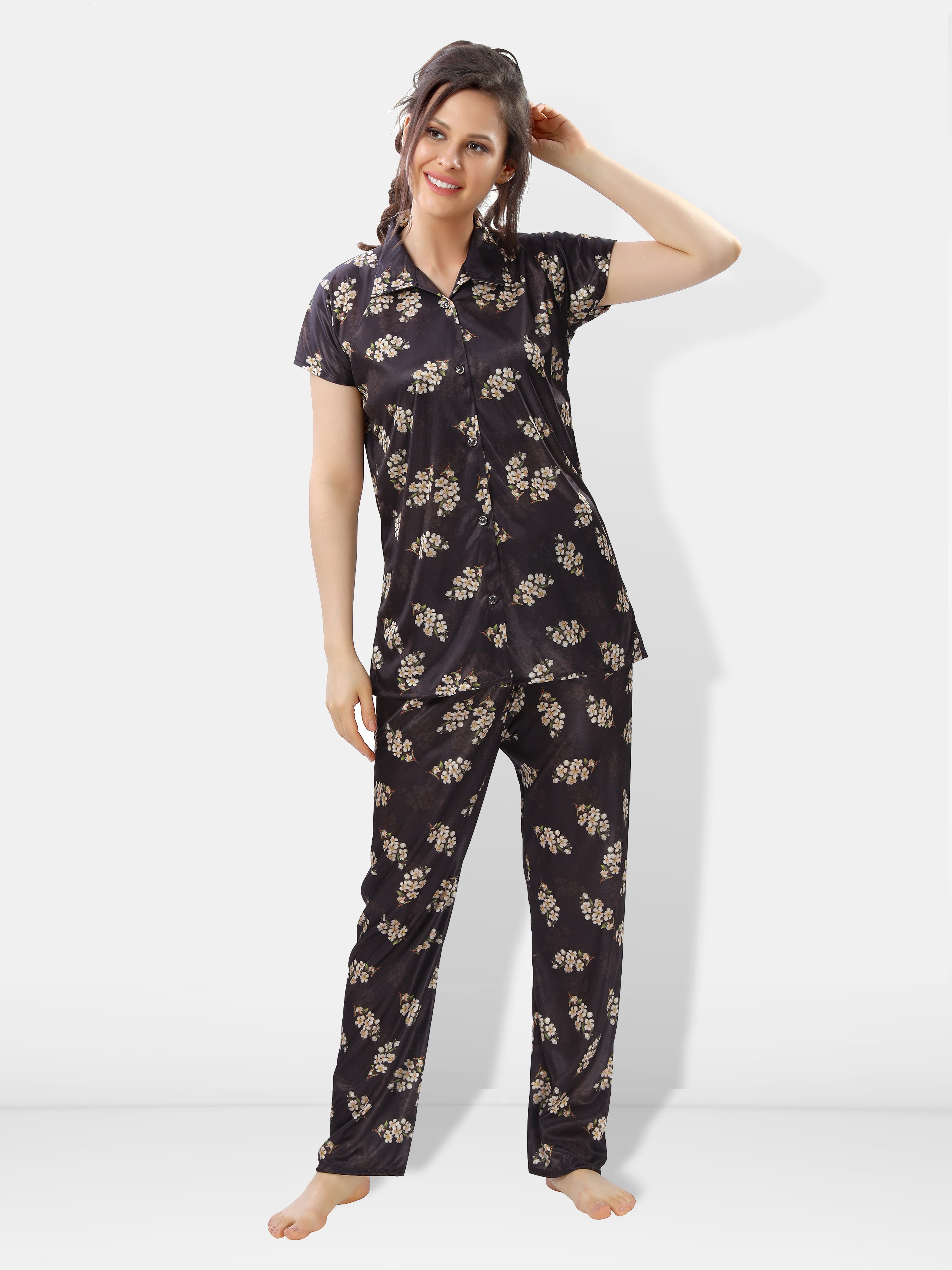 Black Botanical Print Satin Shirt & Pyjama Night Suit for Women