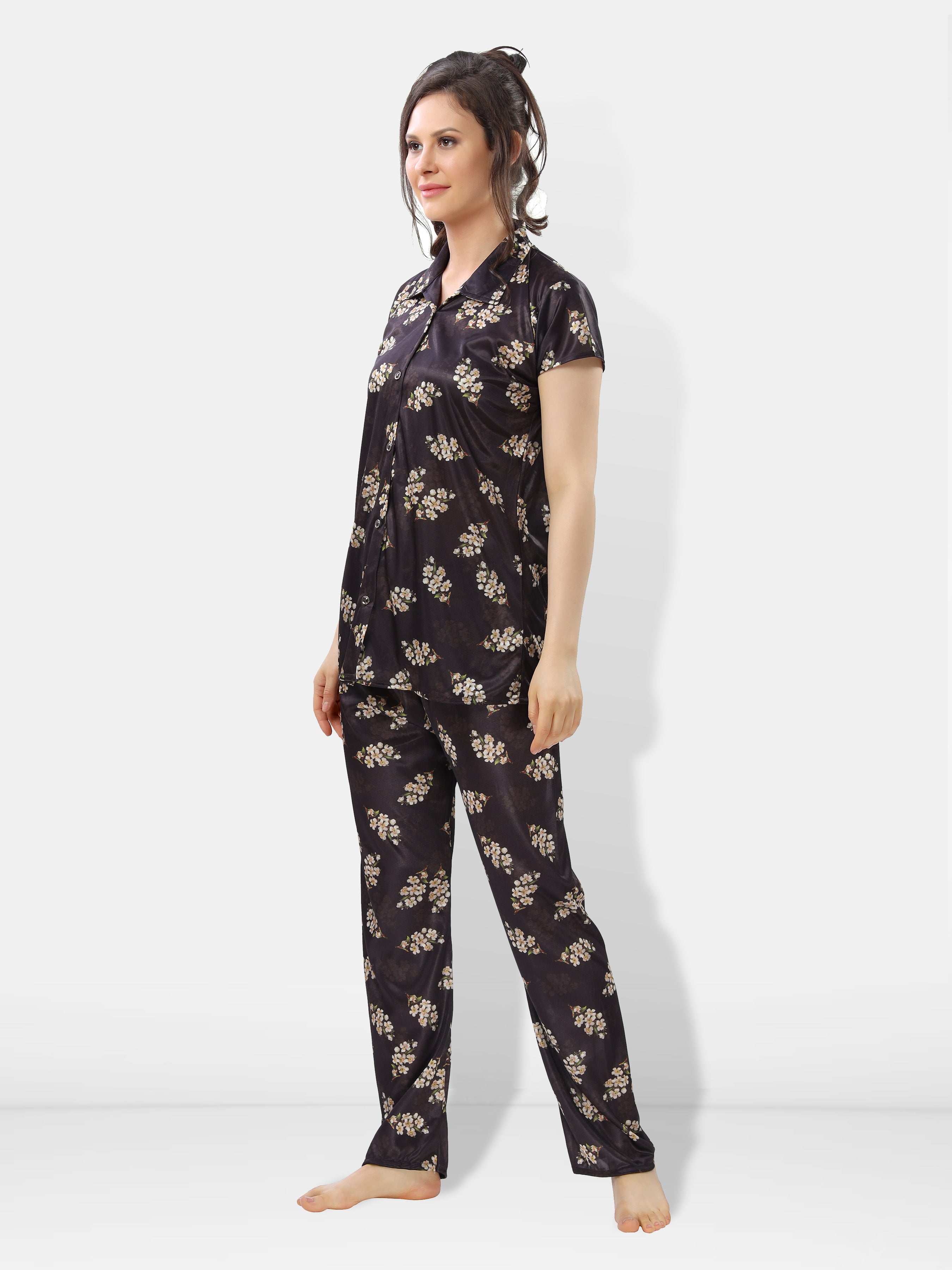 Black Botanical Print Satin Shirt & Pyjama Night Suit for Women