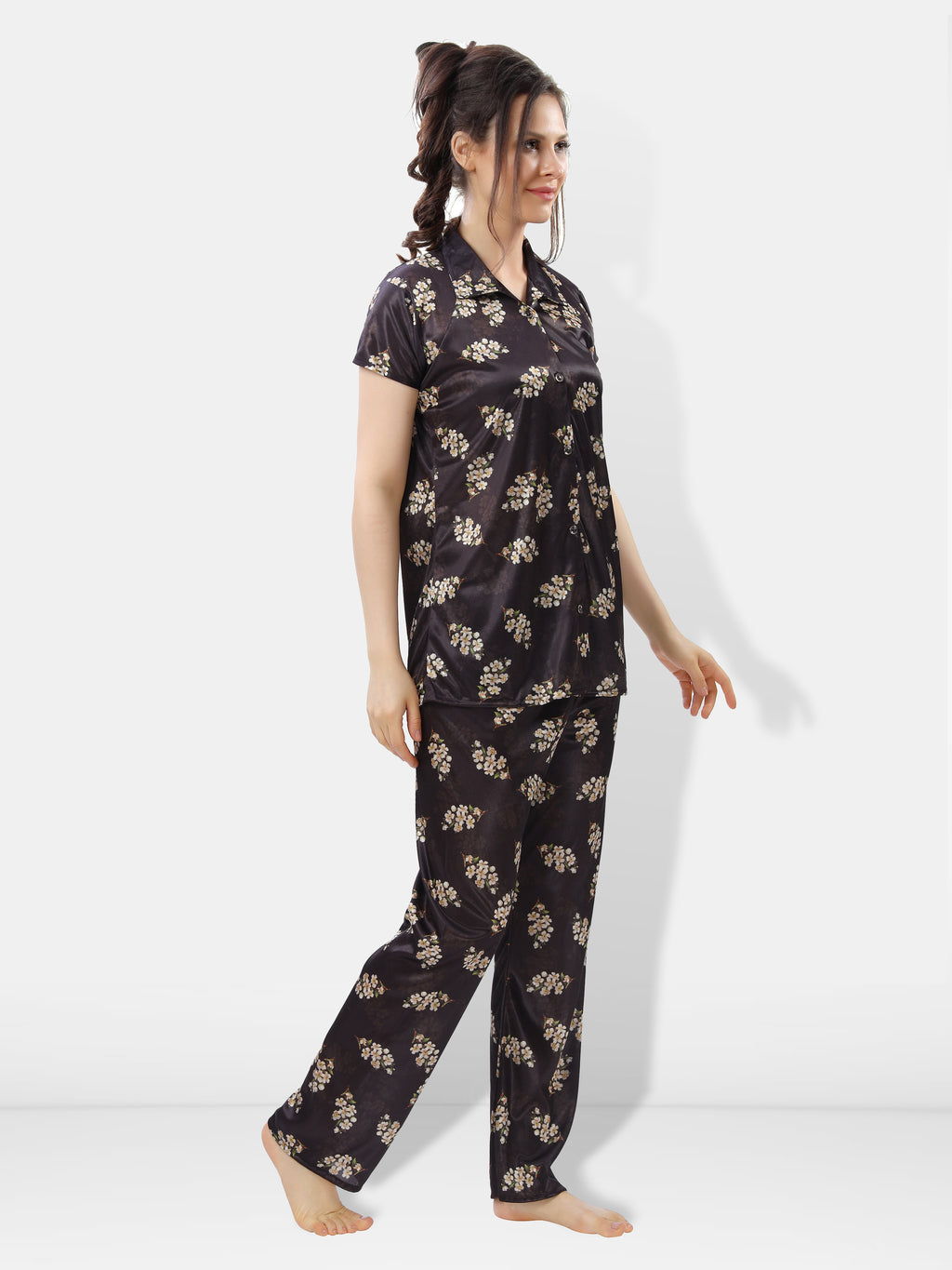 Black Botanical Print Satin Shirt & Pyjama Night Suit for Women