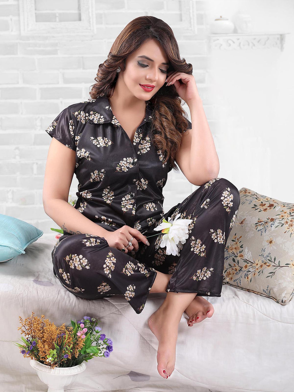 Black Botanical Print Satin Shirt & Pyjama Night Suit for Women