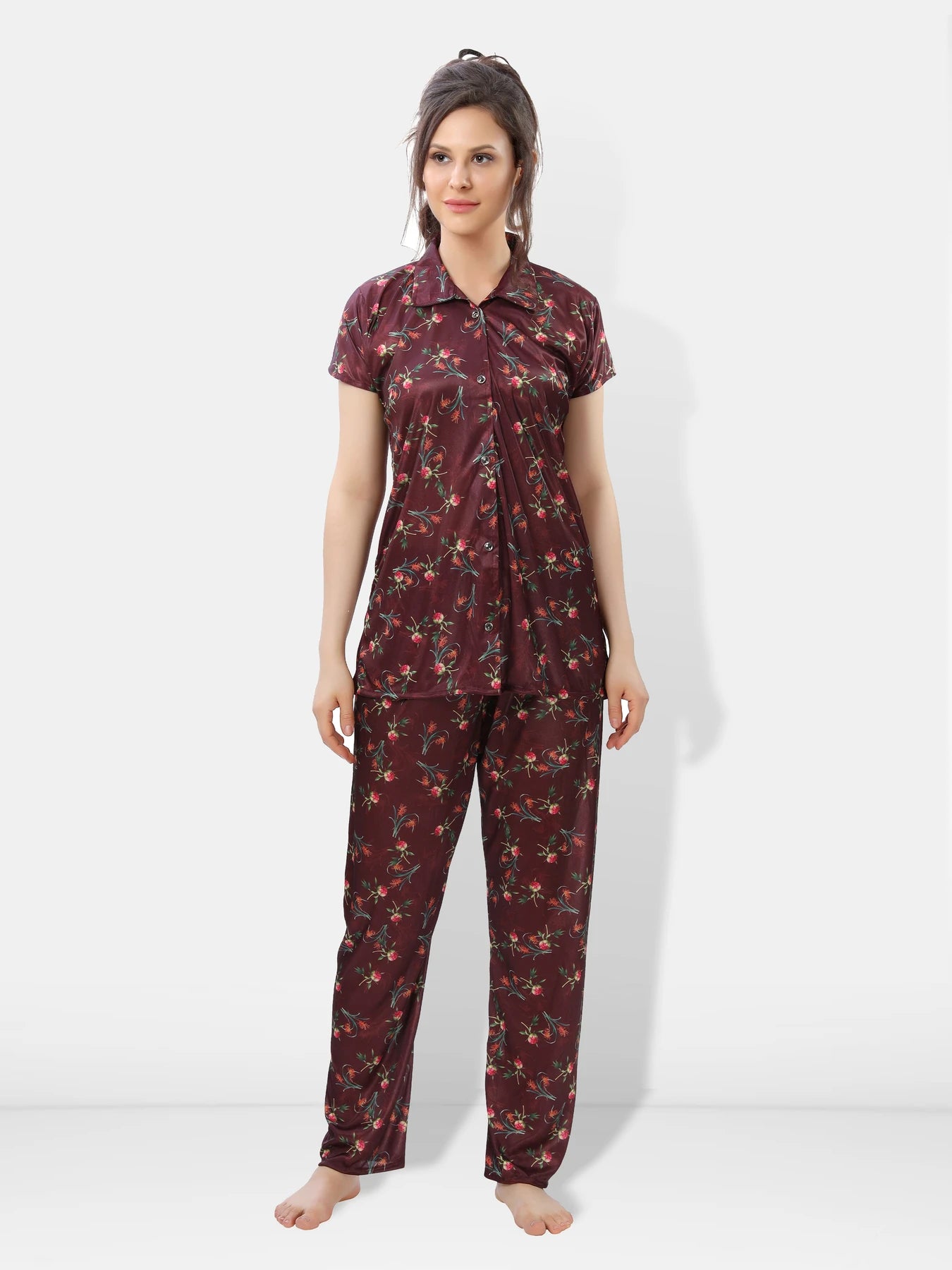 Botanical print satin night suit front view
