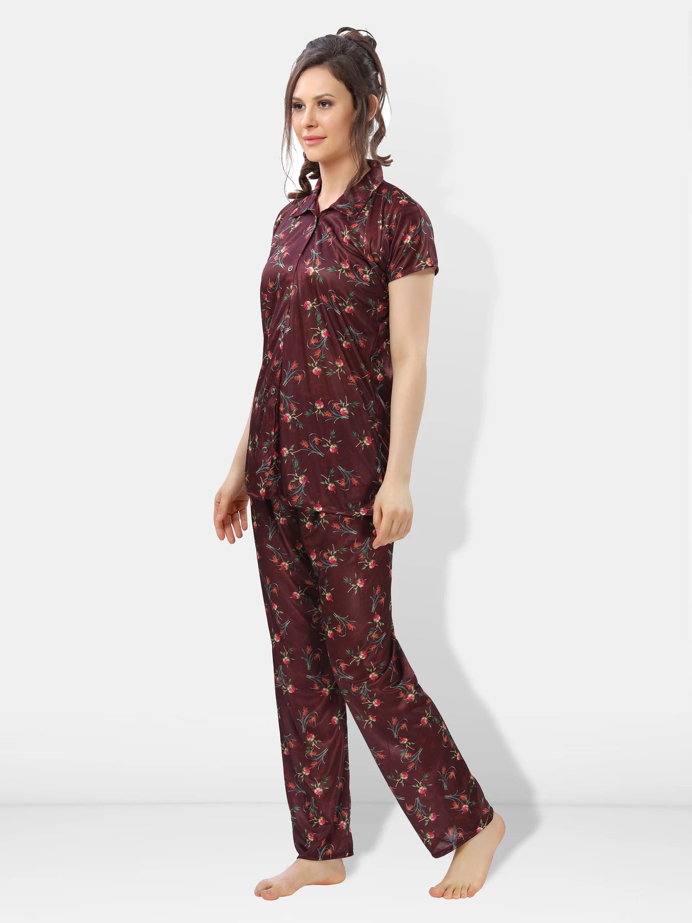 Comfortable women satin night suit brown color
