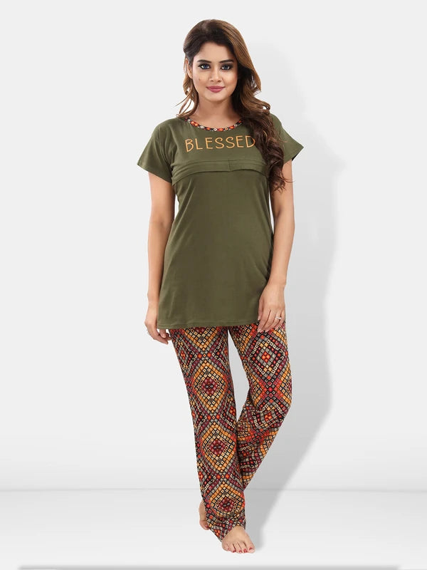 Green maternity night suit front view
