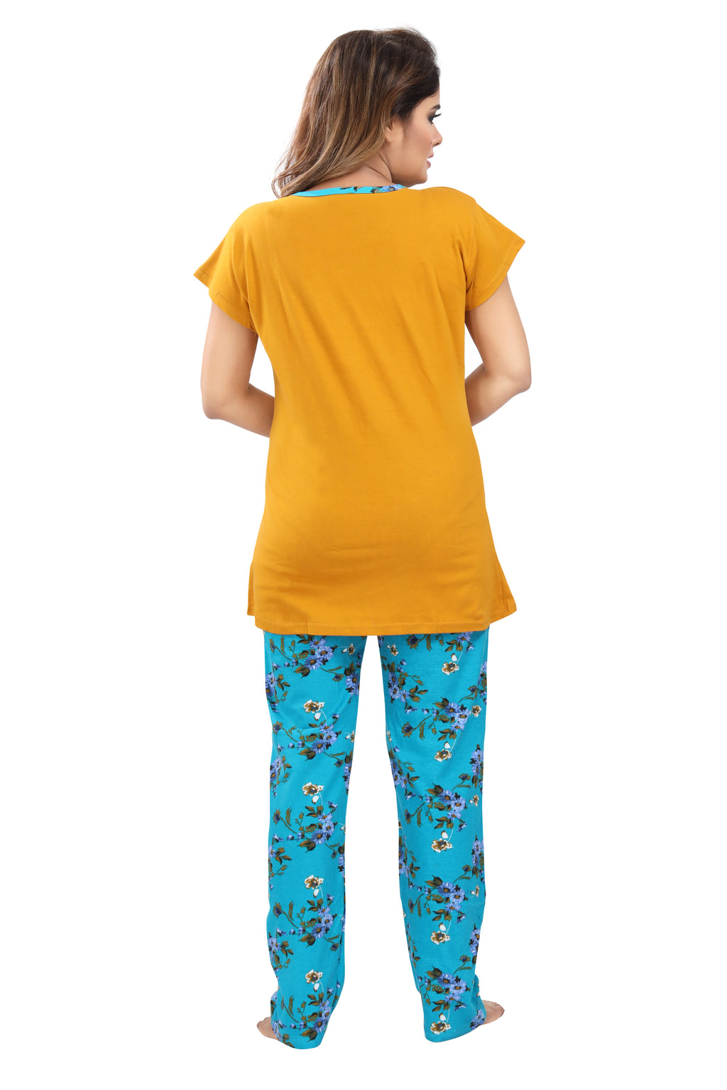 Yellow Blue Floral Cotton Feeding Night Suit for Women