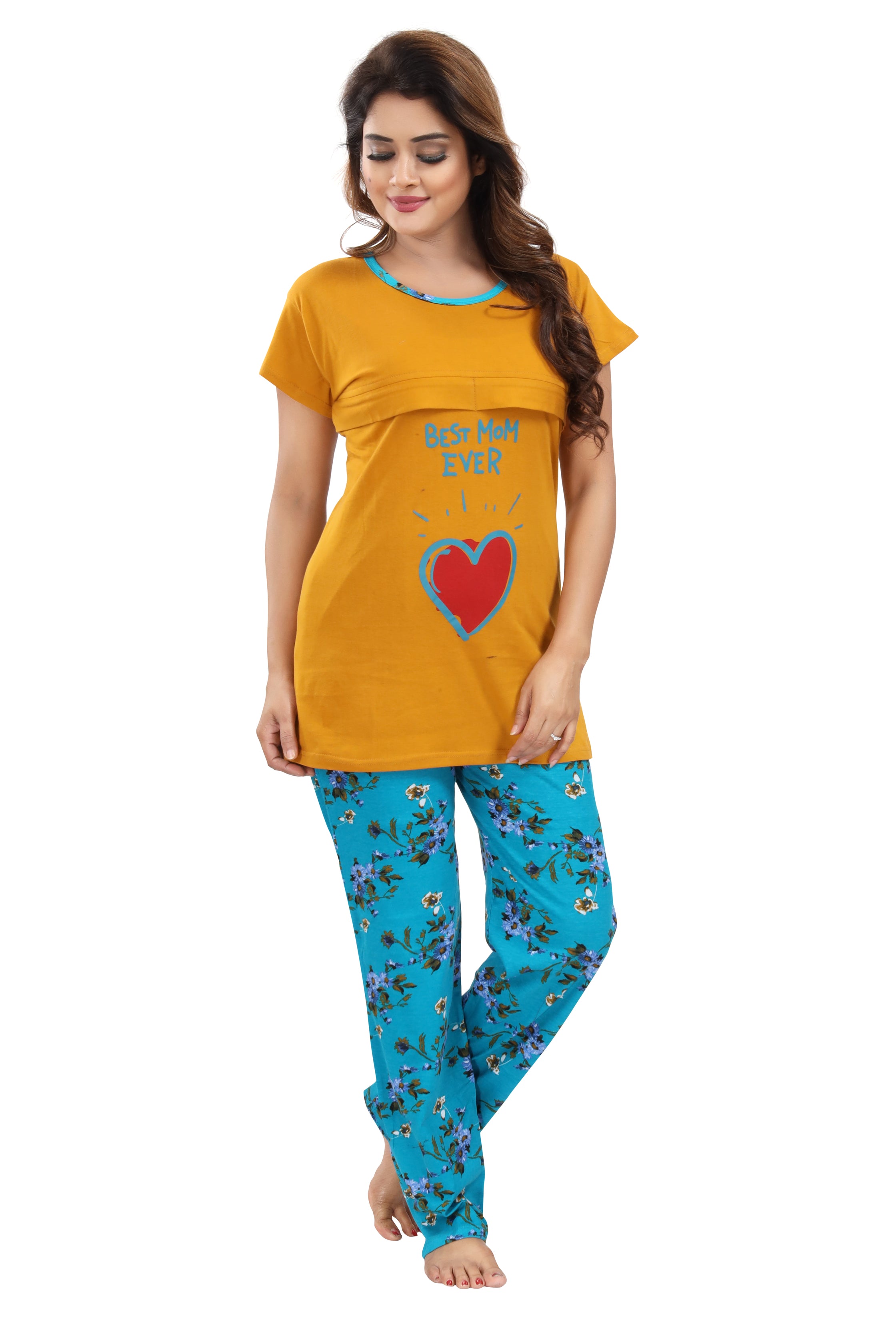 Yellow Blue Floral Cotton Feeding Night Suit for Women