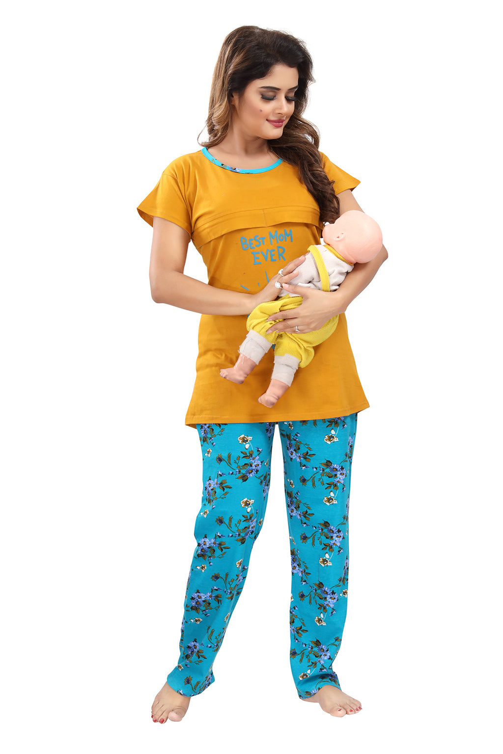 Yellow Blue Floral Cotton Feeding Night Suit for Women