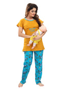 Yellow Blue Floral Cotton Feeding Night Suit for Women
