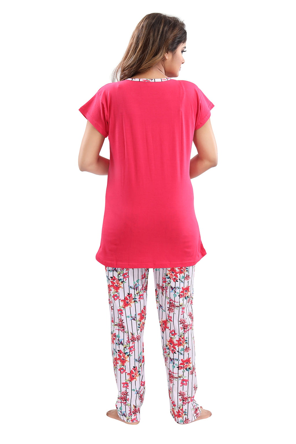 Pink White Floral Cotton Feeding Night Suit for Women