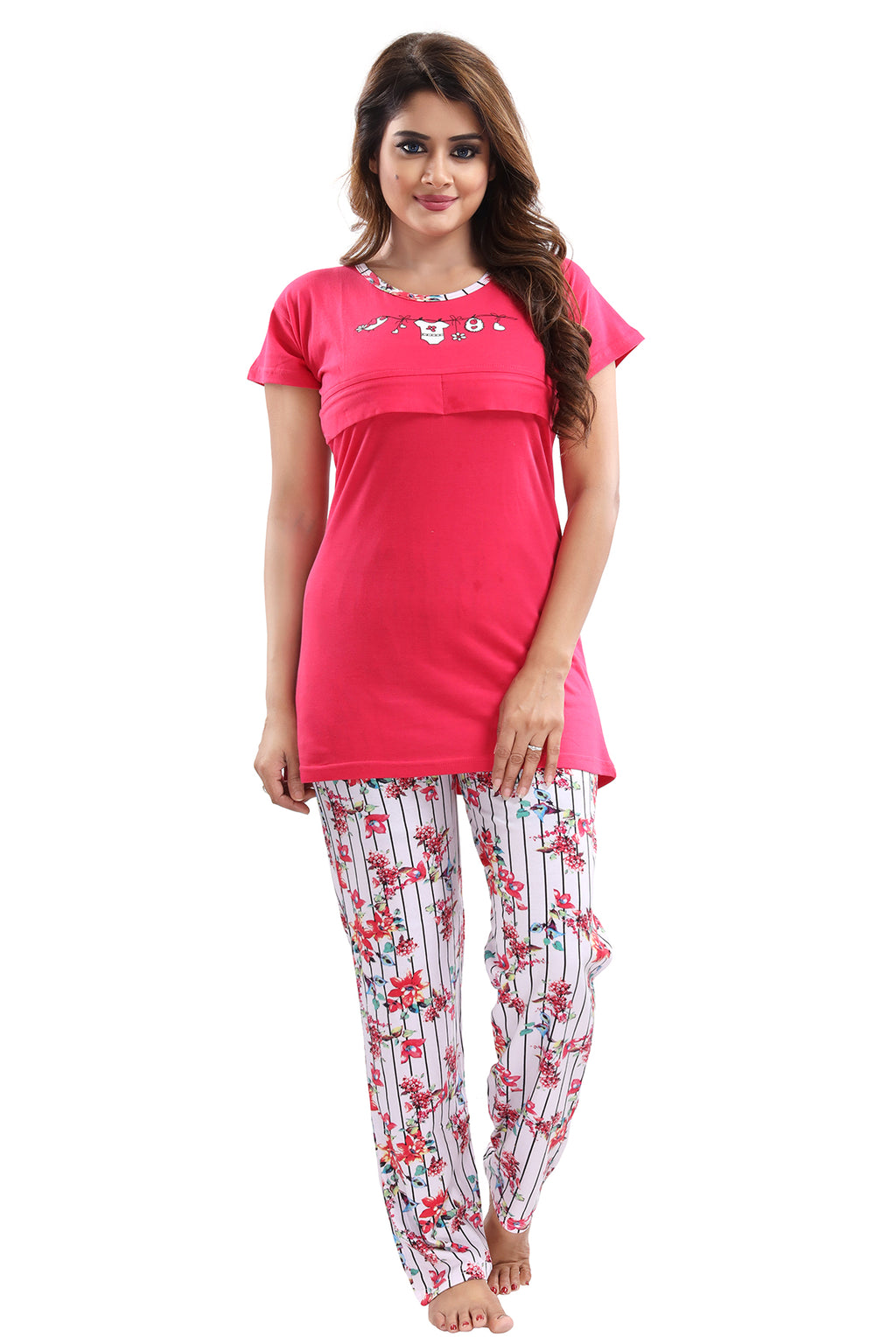 Pink White Floral Cotton Feeding Night Suit for Women