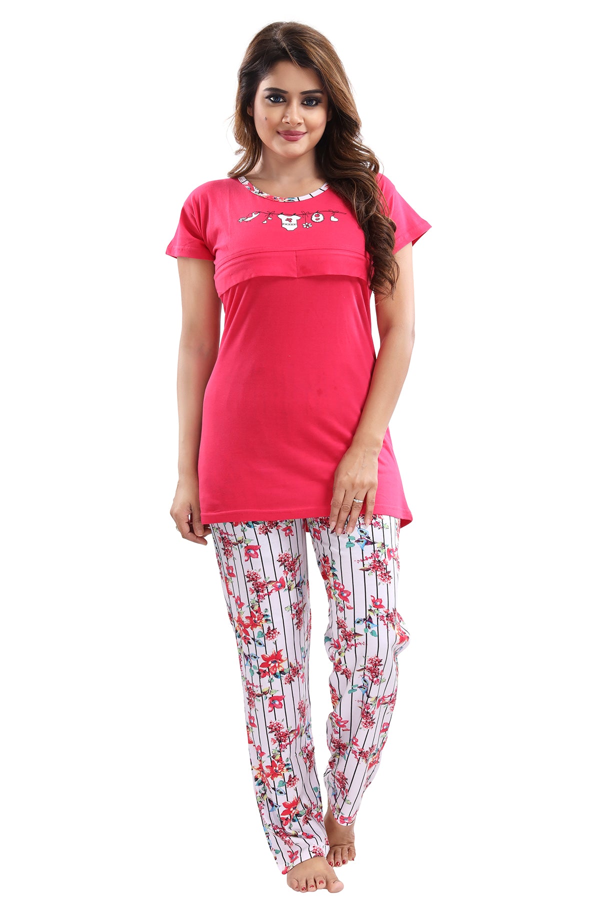 Pink White Floral Cotton Feeding Night Suit for Women