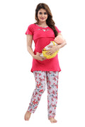 Pink White Floral Cotton Feeding Night Suit for Women
