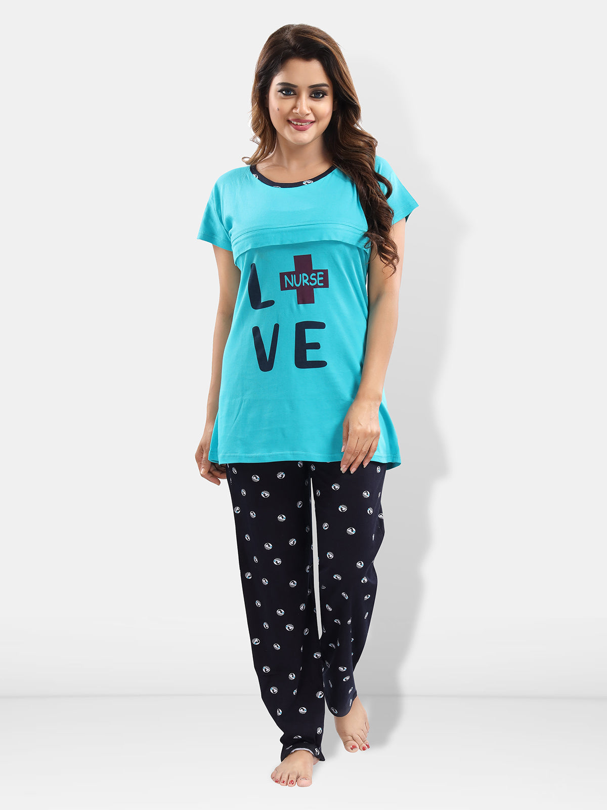 Blue & Black Cotton Feeding / Maternity Night Suit for Women