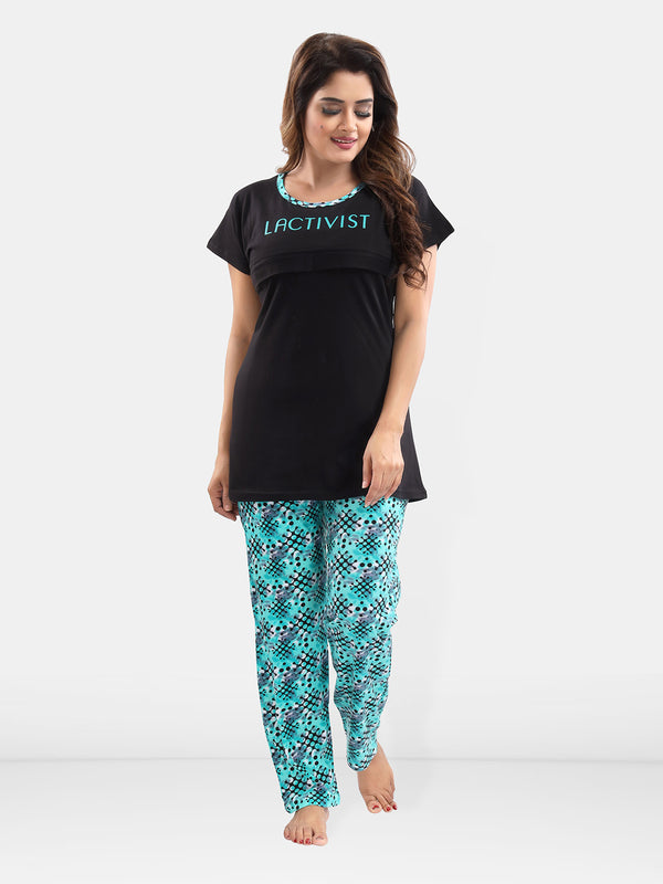 Geometric Print Cotton Feeding/Maternity Night Suit for Women