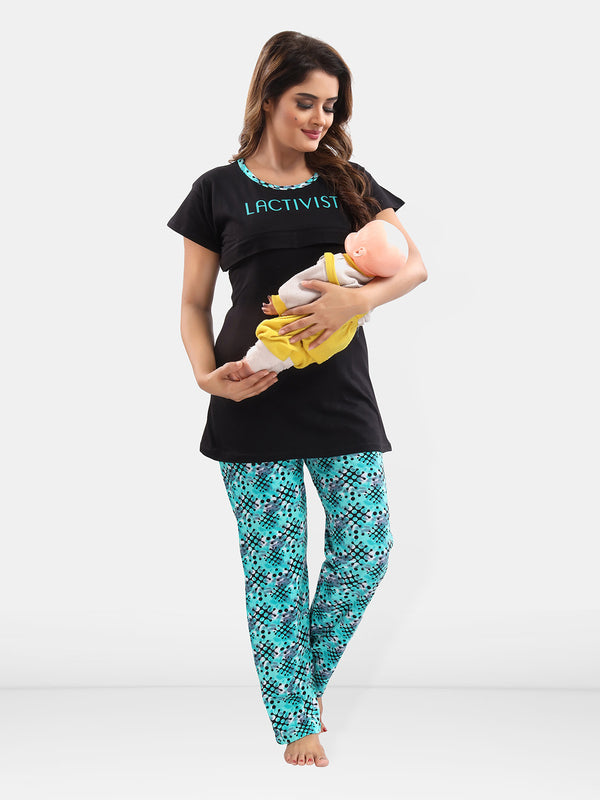 Geometric Print Cotton Feeding/Maternity Night Suit for Women