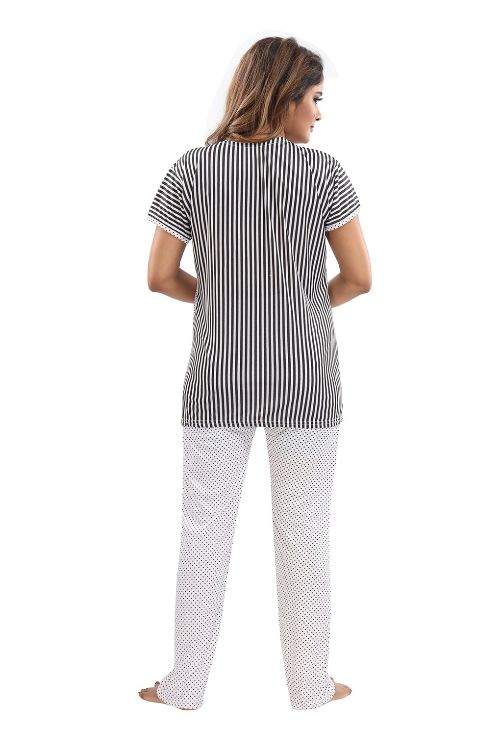 White Black Polka Dots & Striped Sarina Satin Feeding Night Suit