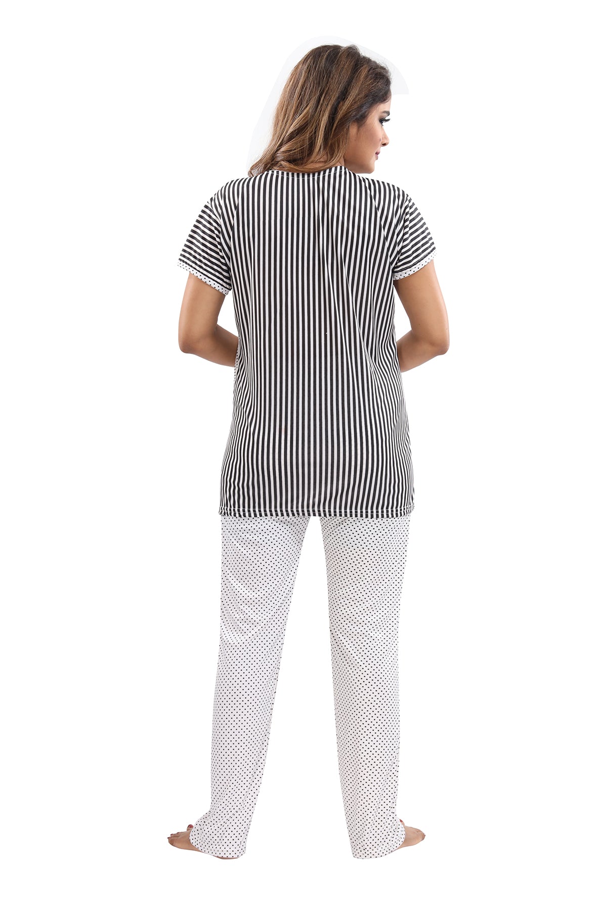 White Black Polka Dots & Striped Sarina Satin Feeding Night Suit