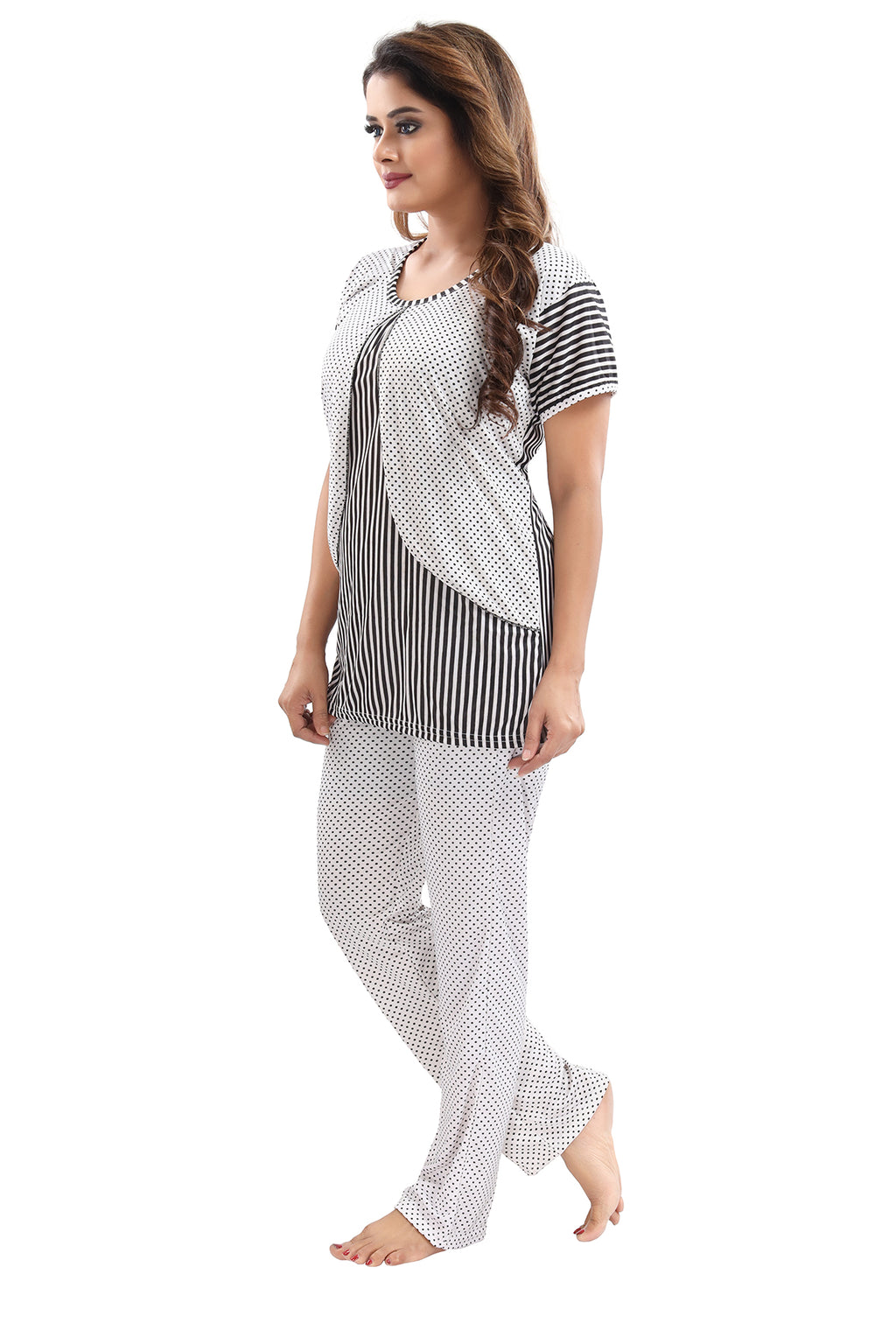 White Black Polka Dots & Striped Sarina Satin Feeding Night Suit