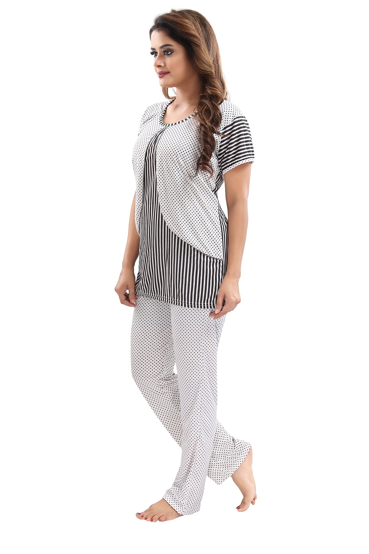 White Black Polka Dots & Striped Sarina Satin Feeding Night Suit