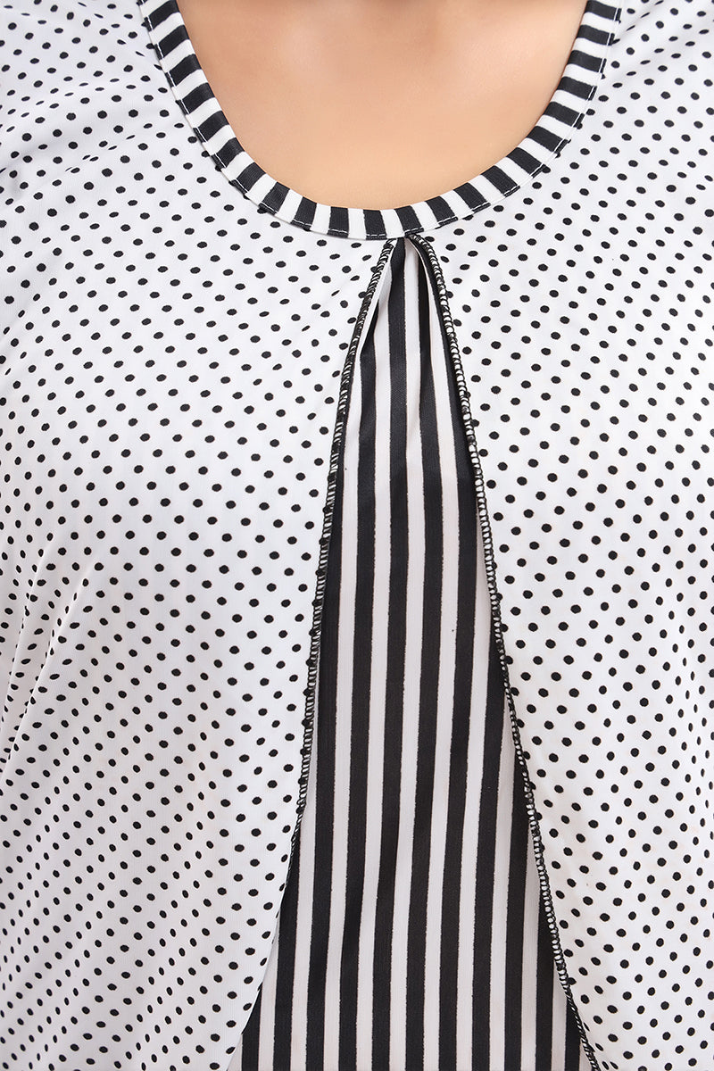 White Black Polka Dots & Striped Sarina Satin Feeding Night Suit